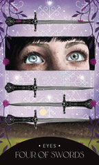 Card from a tarot deck with eyes and four crossed swords on a purple background