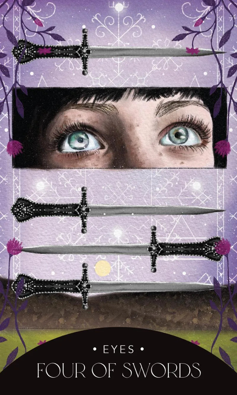 Card from a tarot deck with eyes and four crossed swords on a purple background