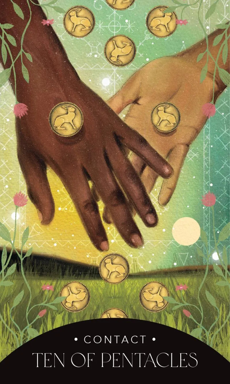 Card from a tarot deck showing two hands with coins and a mystical background.