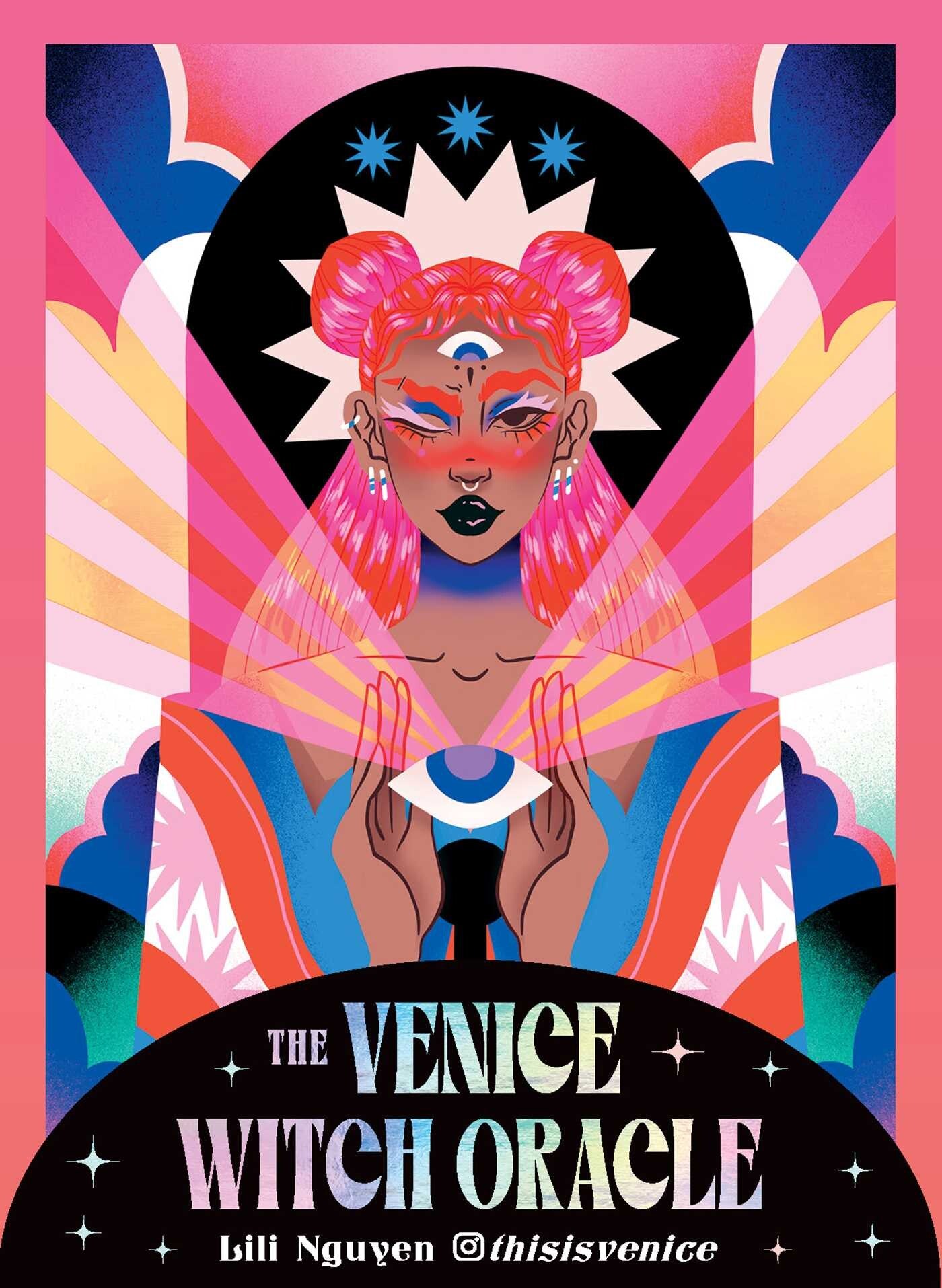 Cover of 'The Venice Witch Oracle' with a stylized illustration of a woman with colorful hair and makeup.