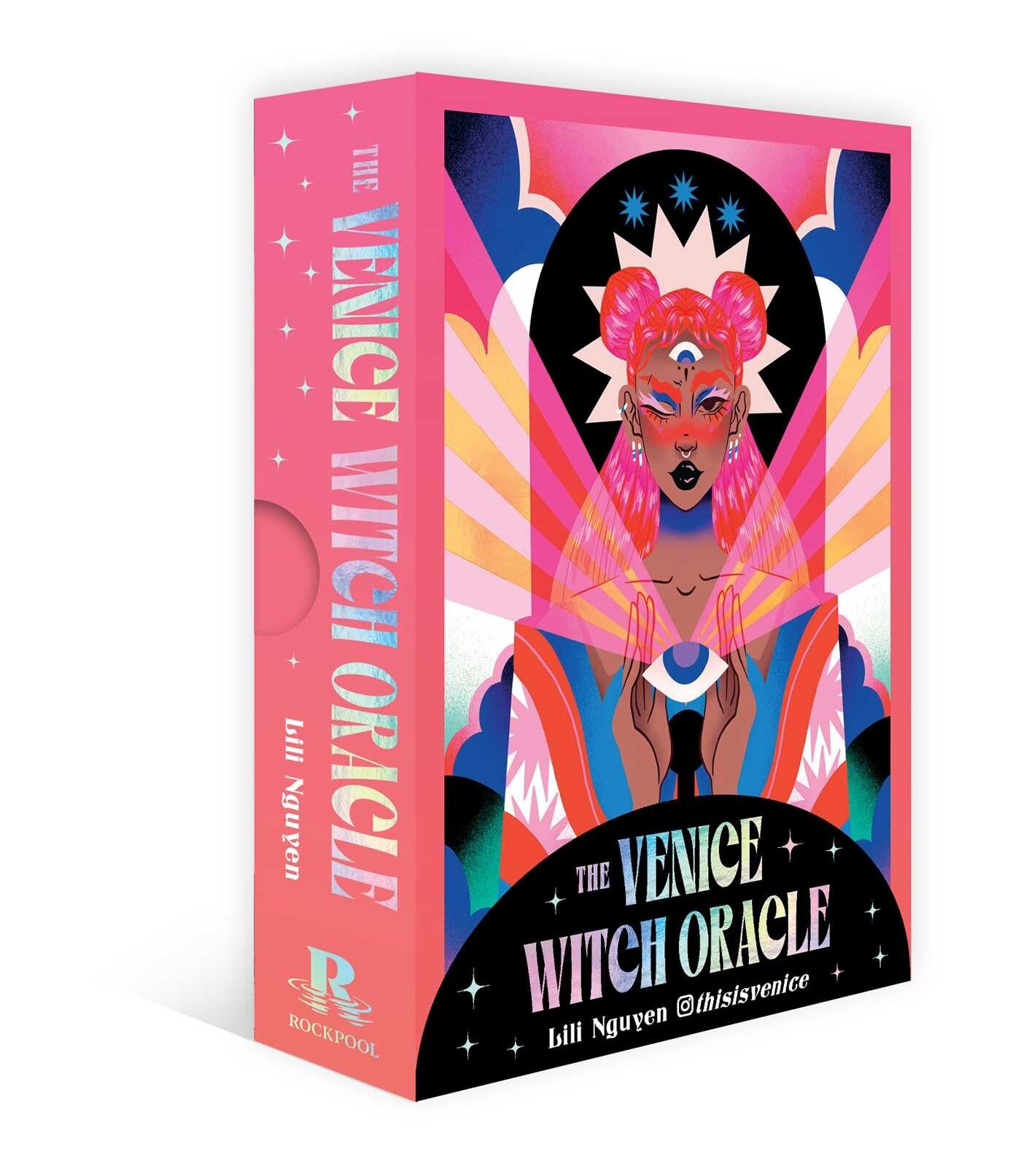 The Venice Witch Oracle card box with colorful design and text on a white background