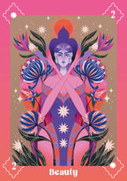 Card titled 'Beauty' with a stylized figure surrounded by flowers and leaves on a pink and brown background.