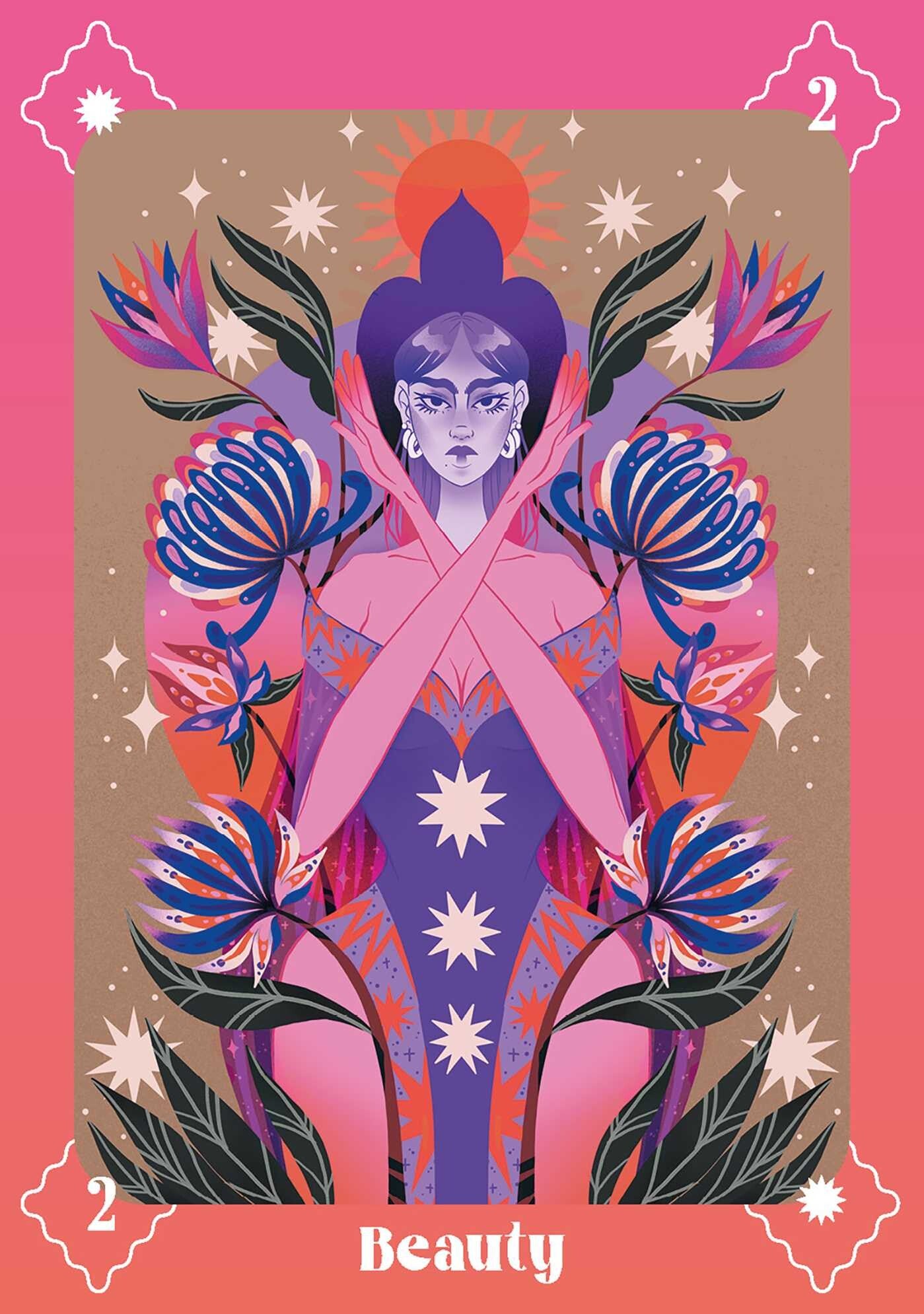 Card titled 'Beauty' with a stylized figure surrounded by flowers and leaves on a pink and brown background.