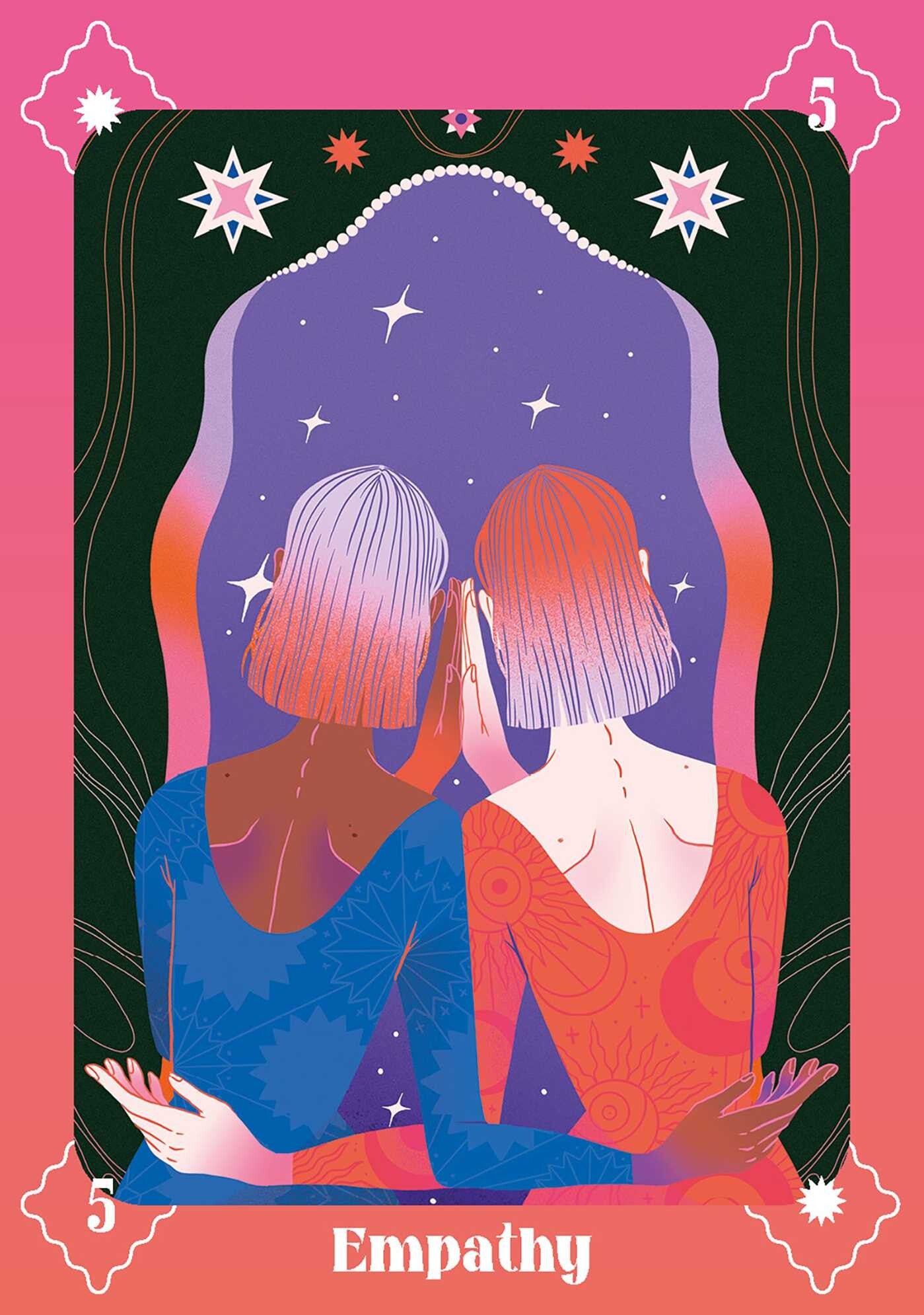 Illustration of two people with a purple cloud between them, labeled 'Empathy'.