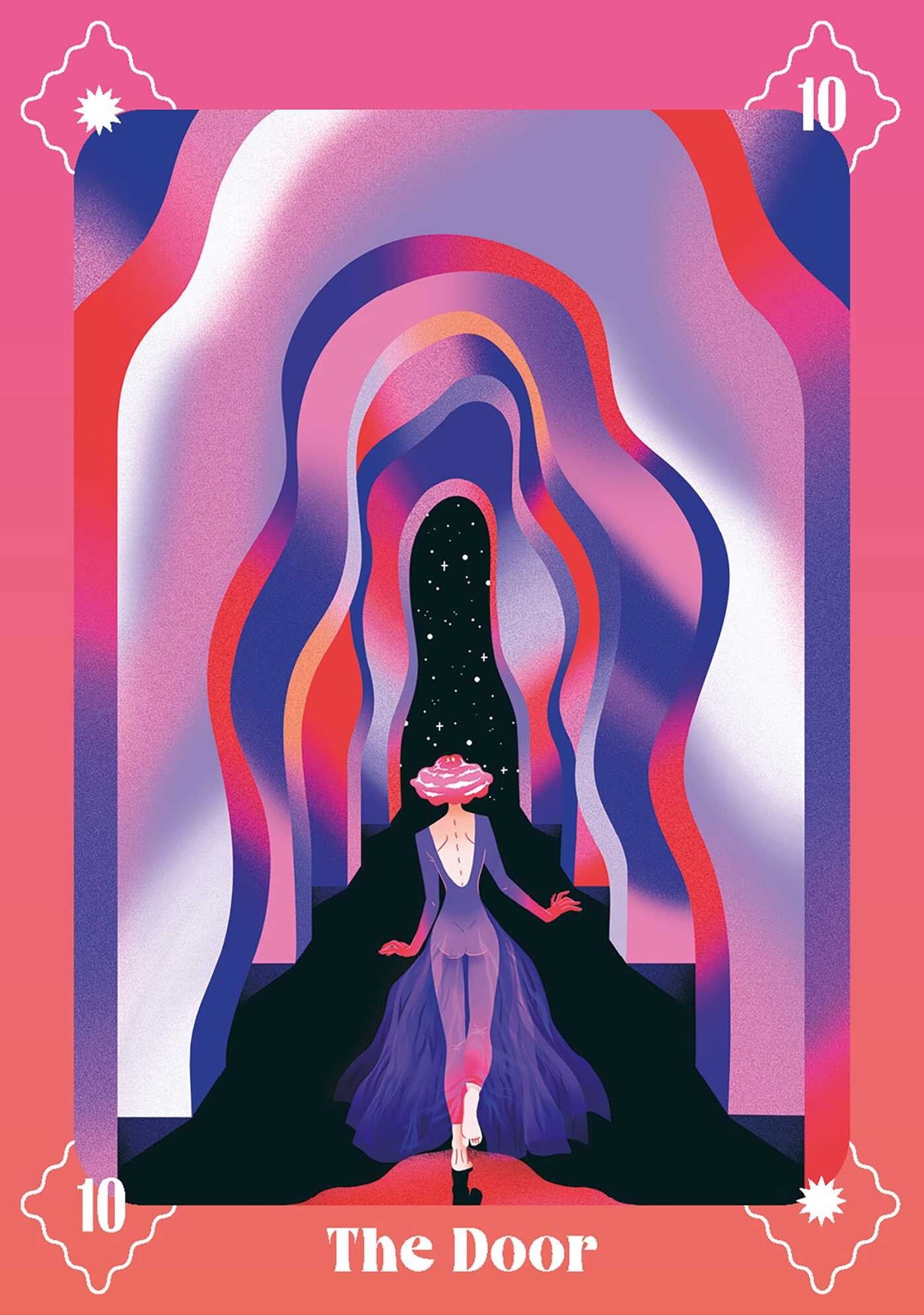 Artistic depiction of a person with a rose in front of a stylized door with wavy patterns on a pink background.