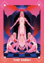Illustration of a central figure with two others, set against a pink and blue background with 'Your Guides' text.