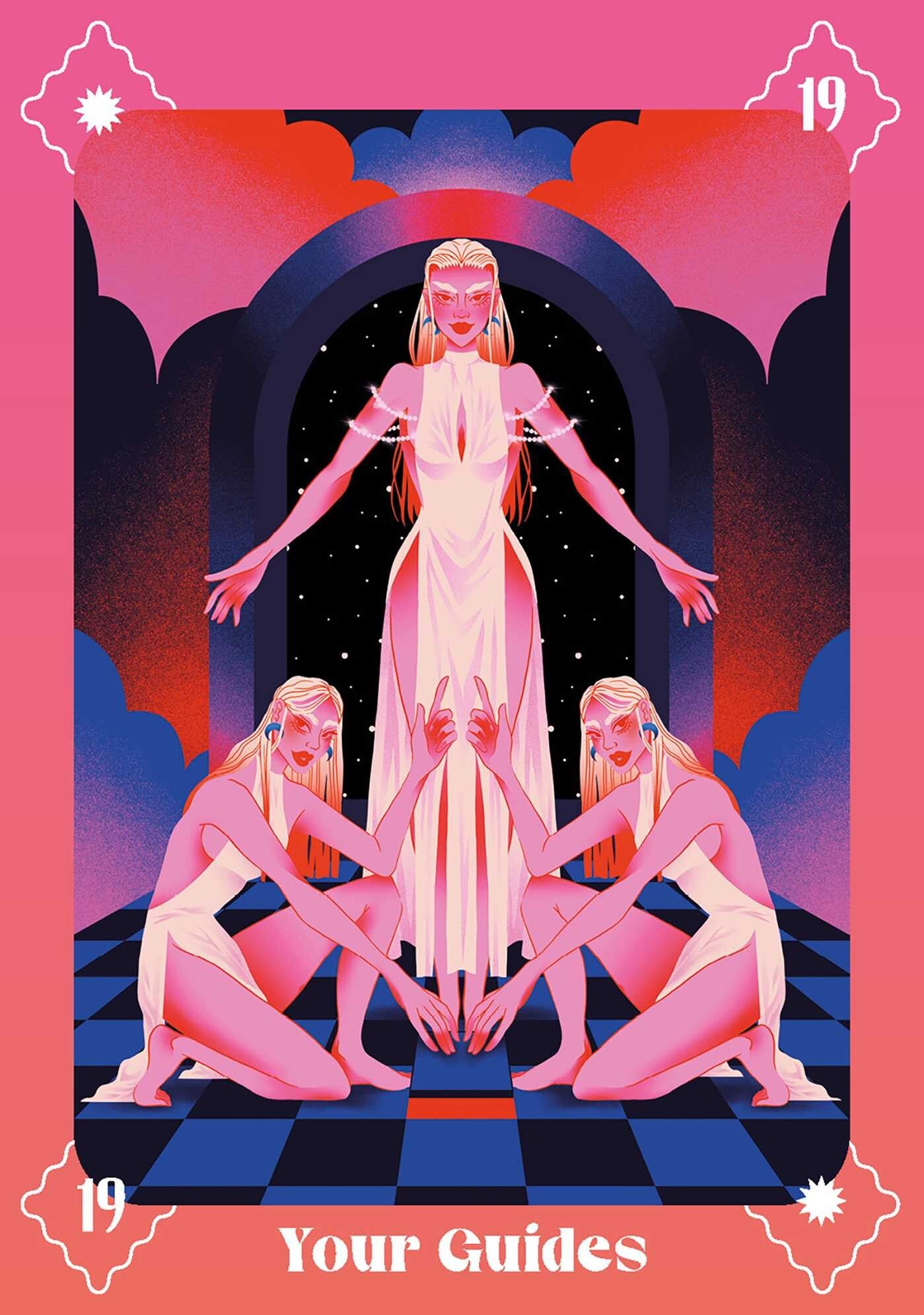 Illustration of a central figure with two others, set against a pink and blue background with 'Your Guides' text.