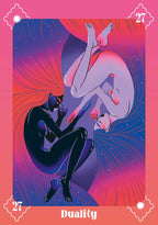 Artistic depiction of a tarot card titled 'Duality' with two figures on a pink and purple background.