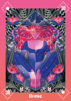 Card with a stylized illustration of a woman with pink hair and flowers, labeled 'Home'.