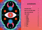 Card deck contents page with eye design and star patterns on a pink background