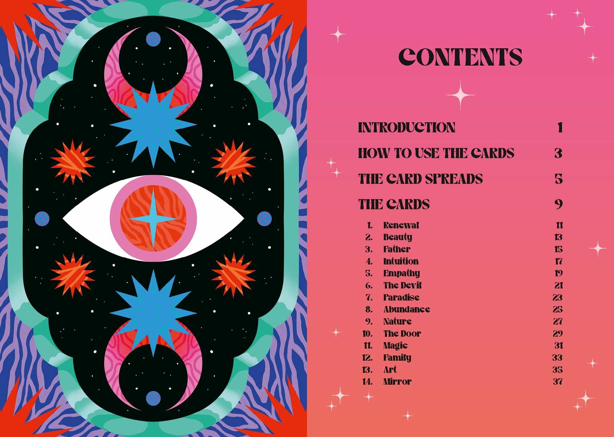 Card deck contents page with eye design and star patterns on a pink background