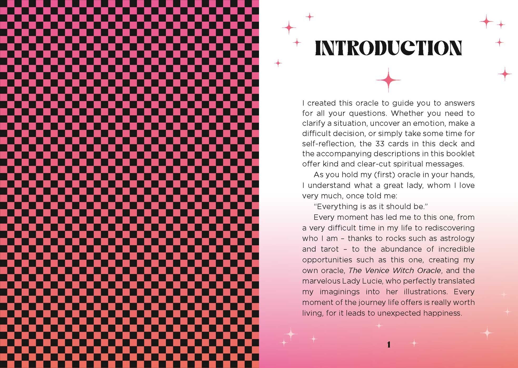 Introduction page of a book with a red and black checkered pattern on the left side.