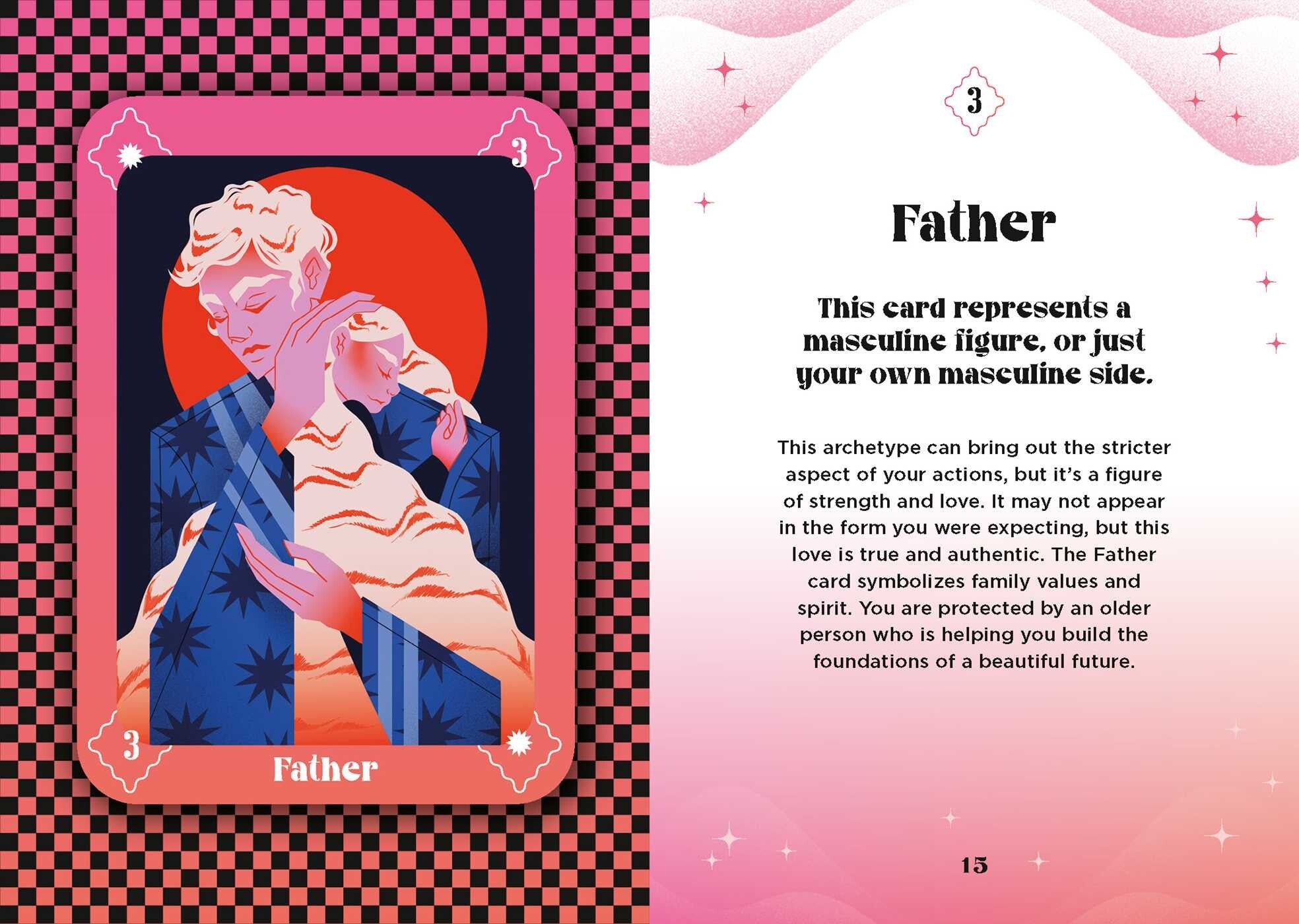 Card with illustration of a person and text about the 'Father' card from a tarot or oracle deck.