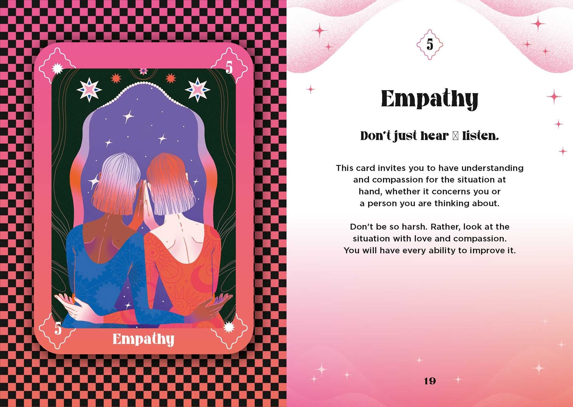 Card titled 'Empathy' with two people embracing, on a pink and black checkered background.
