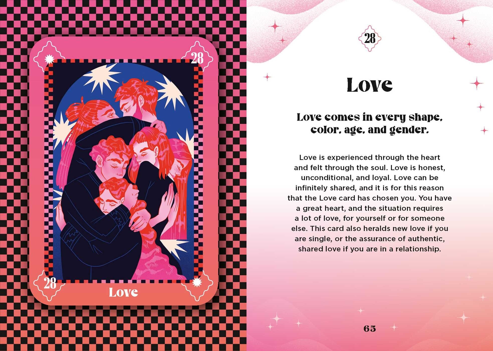 Love tarot card with text on a checkered background