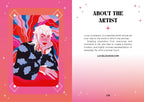 Illustration of a person with white hair and floral patterns on a pink background, with text about the artist on the right.