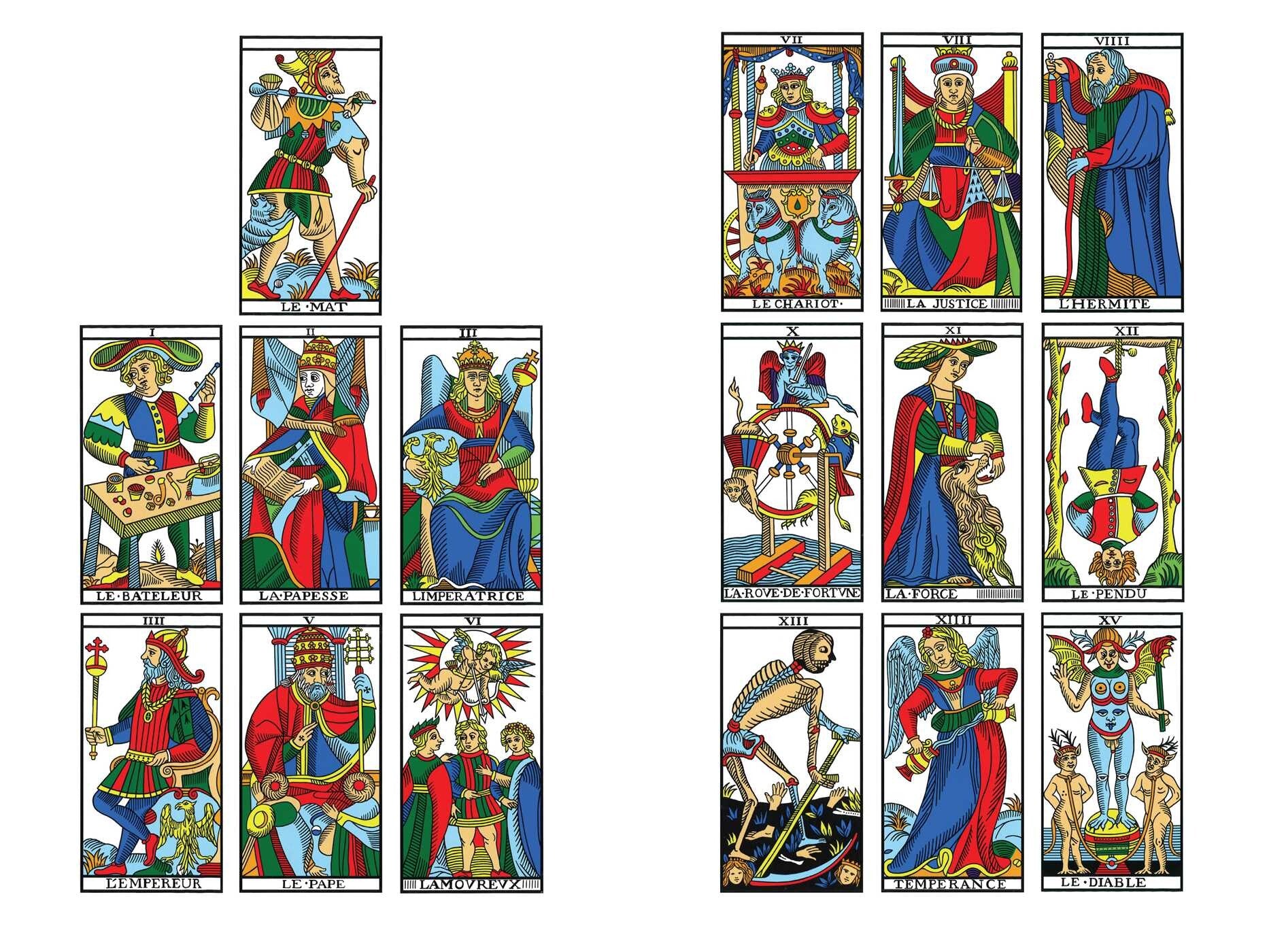 Set of tarot cards with colorful illustrations on a white background