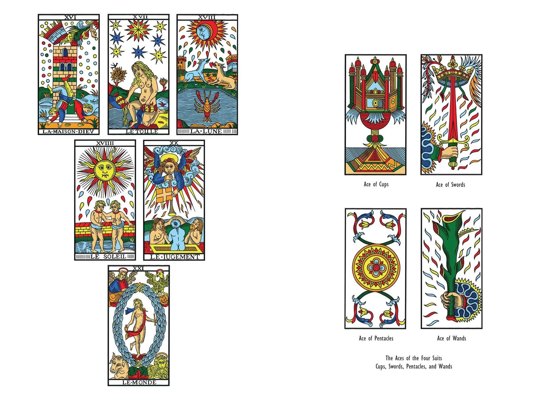 Set of tarot cards with colorful designs on a white background