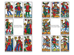 Set of tarot card illustrations with colorful characters on a white background