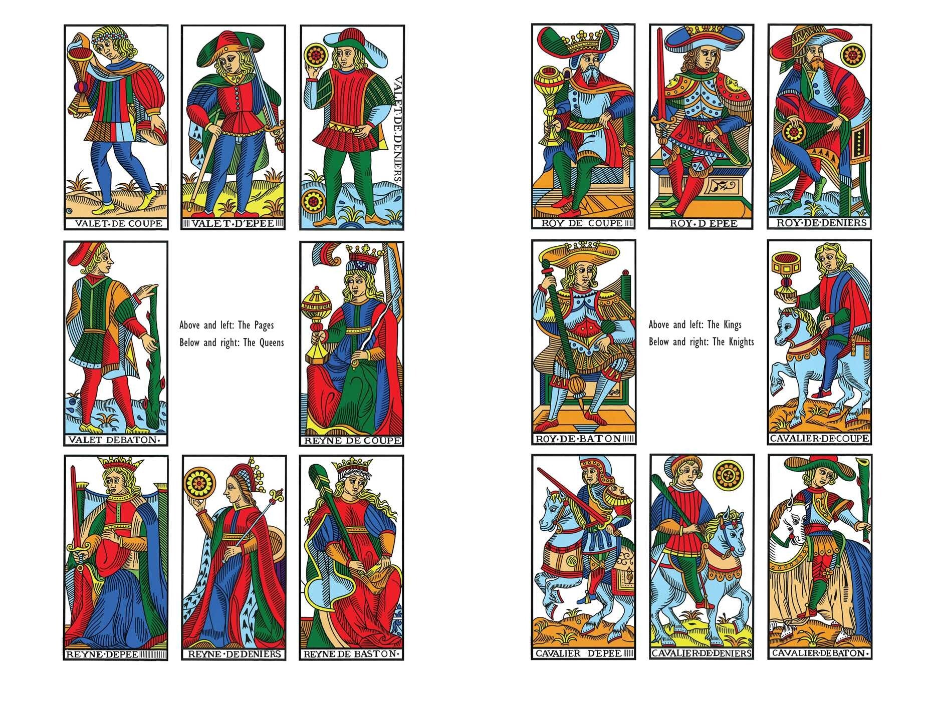 Set of tarot card illustrations with colorful characters on a white background