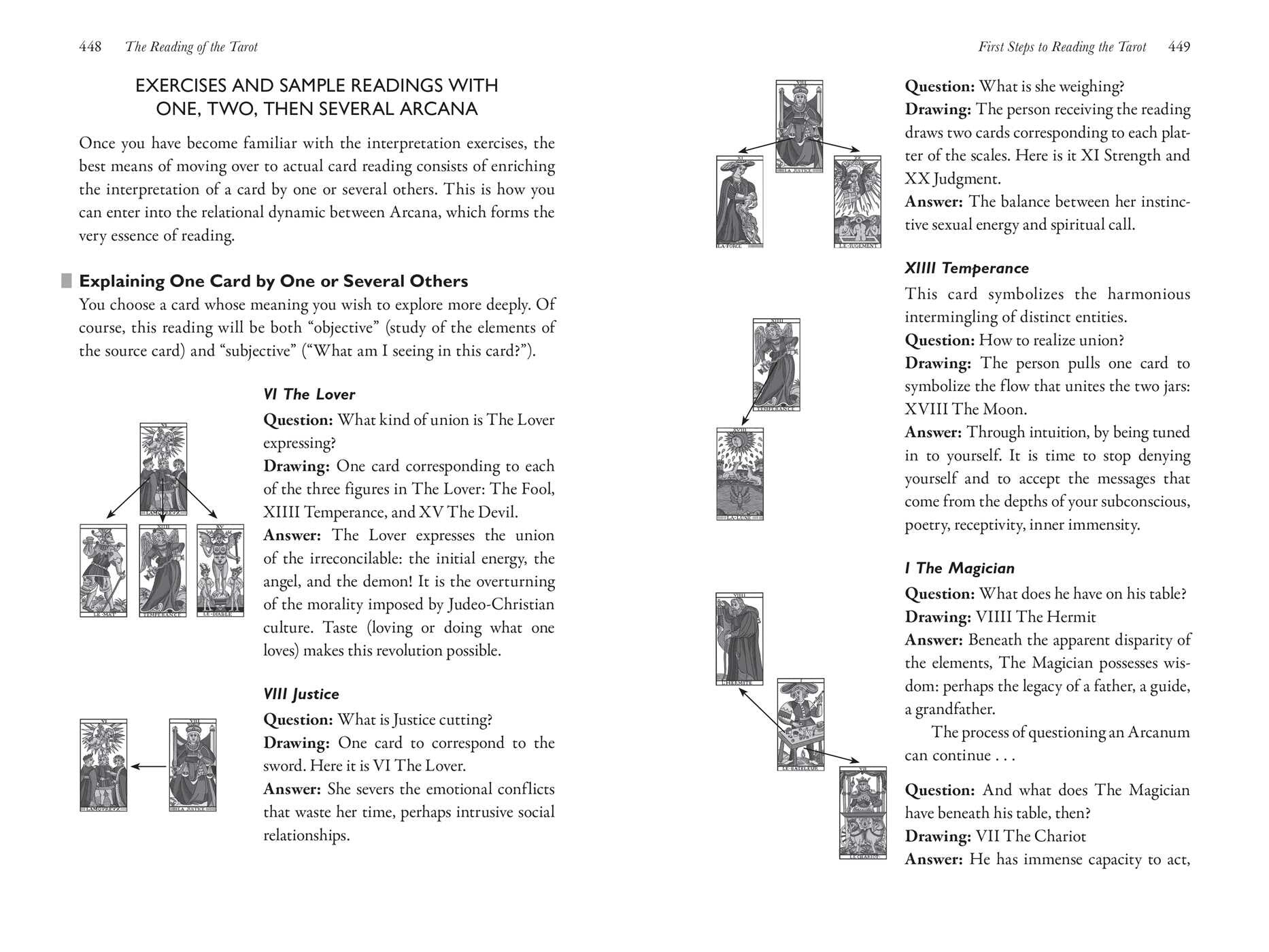 Page from a book on tarot card reading with illustrations and text.