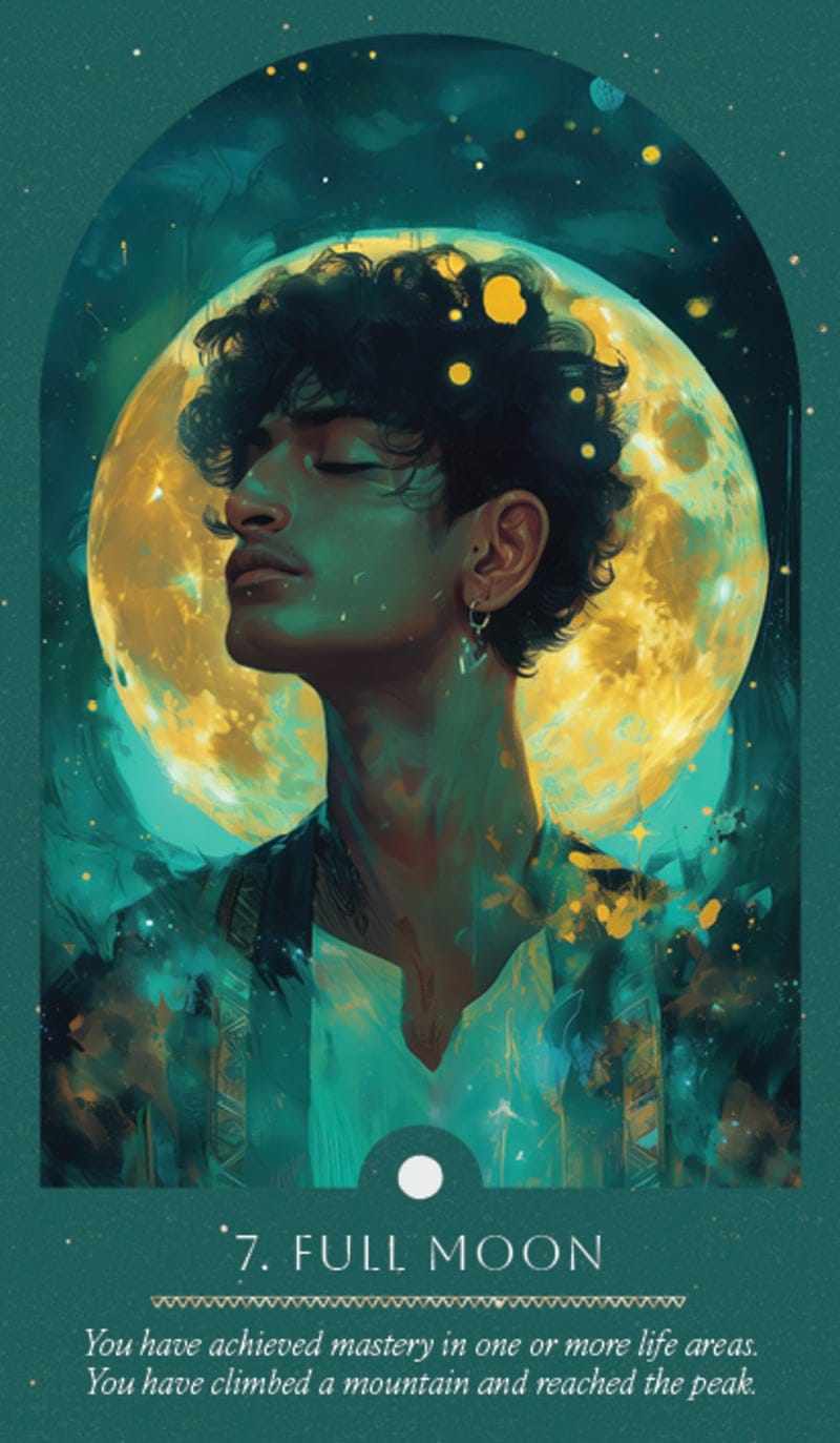 Illustration of a person with a full moon in the background, symbolizing mastery and achievement.