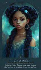 Artistic depiction of a person with braided hair against a celestial background, labeled 'Neptune'.