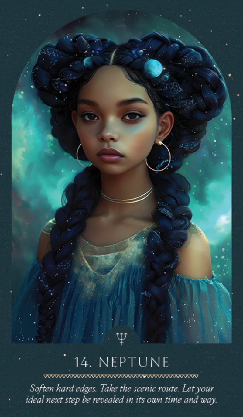 Artistic depiction of a person with braided hair against a celestial background, labeled 'Neptune'.