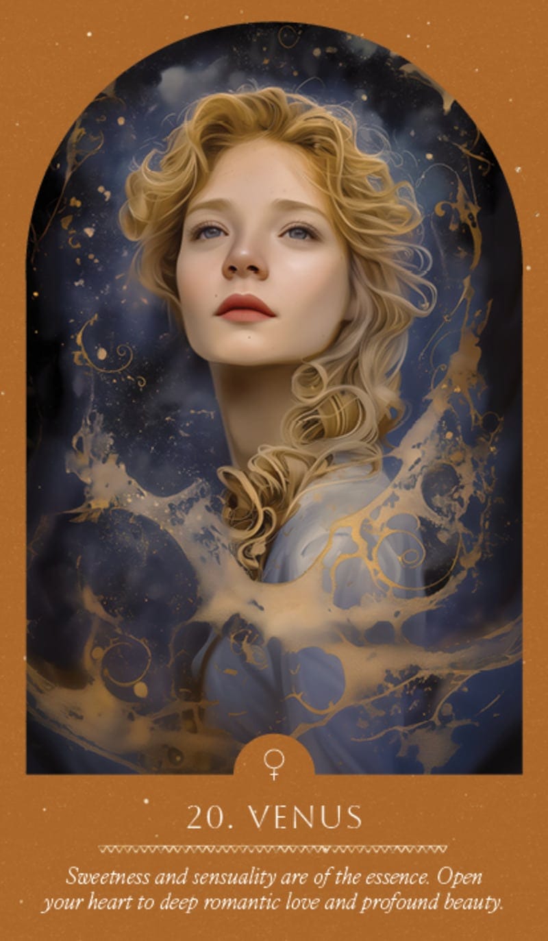 Card featuring a woman's face with celestial design and text about Venus.