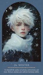 Illustration of a person with white hair and scarf against a snowy background, with text about winter.