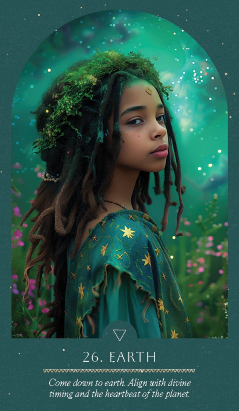 Person with green hair and clothing in a mystical setting with text '26. Earth' and description.