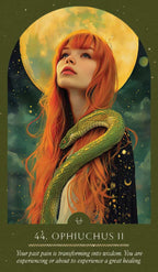 Illustration of a woman with orange hair and a green snake, set against a celestial background.