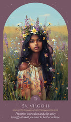 Woman with a floral wreath in a field of flowers with astrological text at the bottom.
