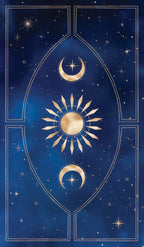 Decorative design with sun, moon, and stars on a blue background