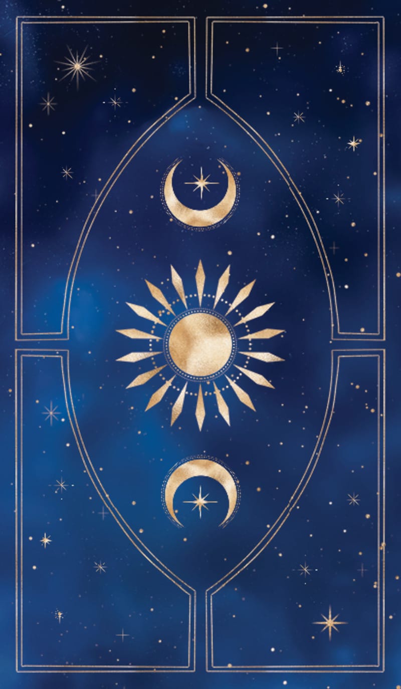 Decorative design with sun, moon, and stars on a blue background