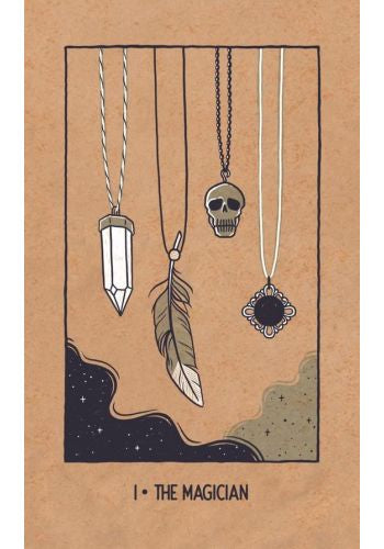 Illustrations of necklaces with pendants on a brown background, labeled 'The Magician'.