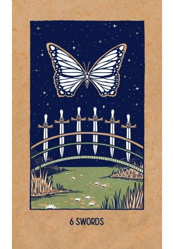 Card with a butterfly and swords design on a brown border