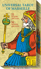 Box for the Universal Tarot of Marseille with a tarot card illustration on the cover.