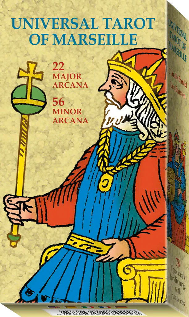 Box for the Universal Tarot of Marseille with a tarot card illustration on the cover.
