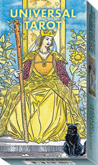 Tarot card box with a colorful illustration of a tarot card design featuring a woman in a yellow dress and a black cat.