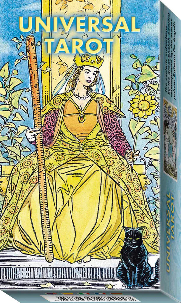 Tarot card box with a colorful illustration of a tarot card design featuring a woman in a yellow dress and a black cat.
