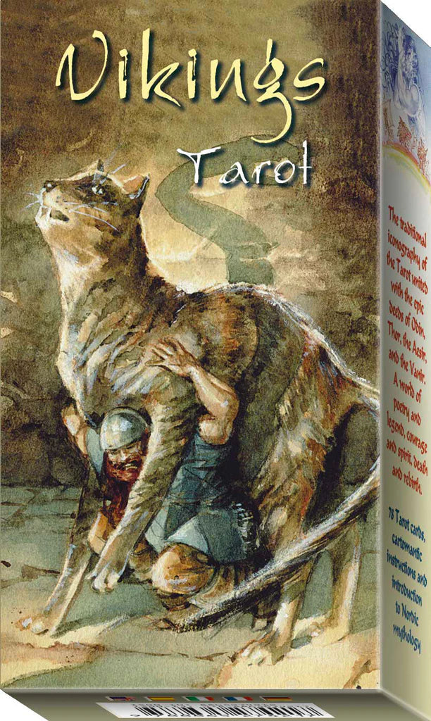 Vikings Tarot card box with illustration of a man and wolf on a stone path.
