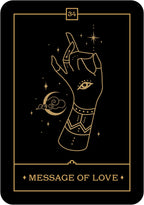 Tarot card with a hand holding a crystal, eye, and cloud symbol on a black background with 'Message of Love' text.