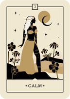 Tarot card with silhouette of a woman, flowers, and moon symbol on a beige background