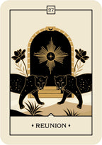 Tarot card with two panthers, a sun symbol, and the word 'Reunion' on a beige background.