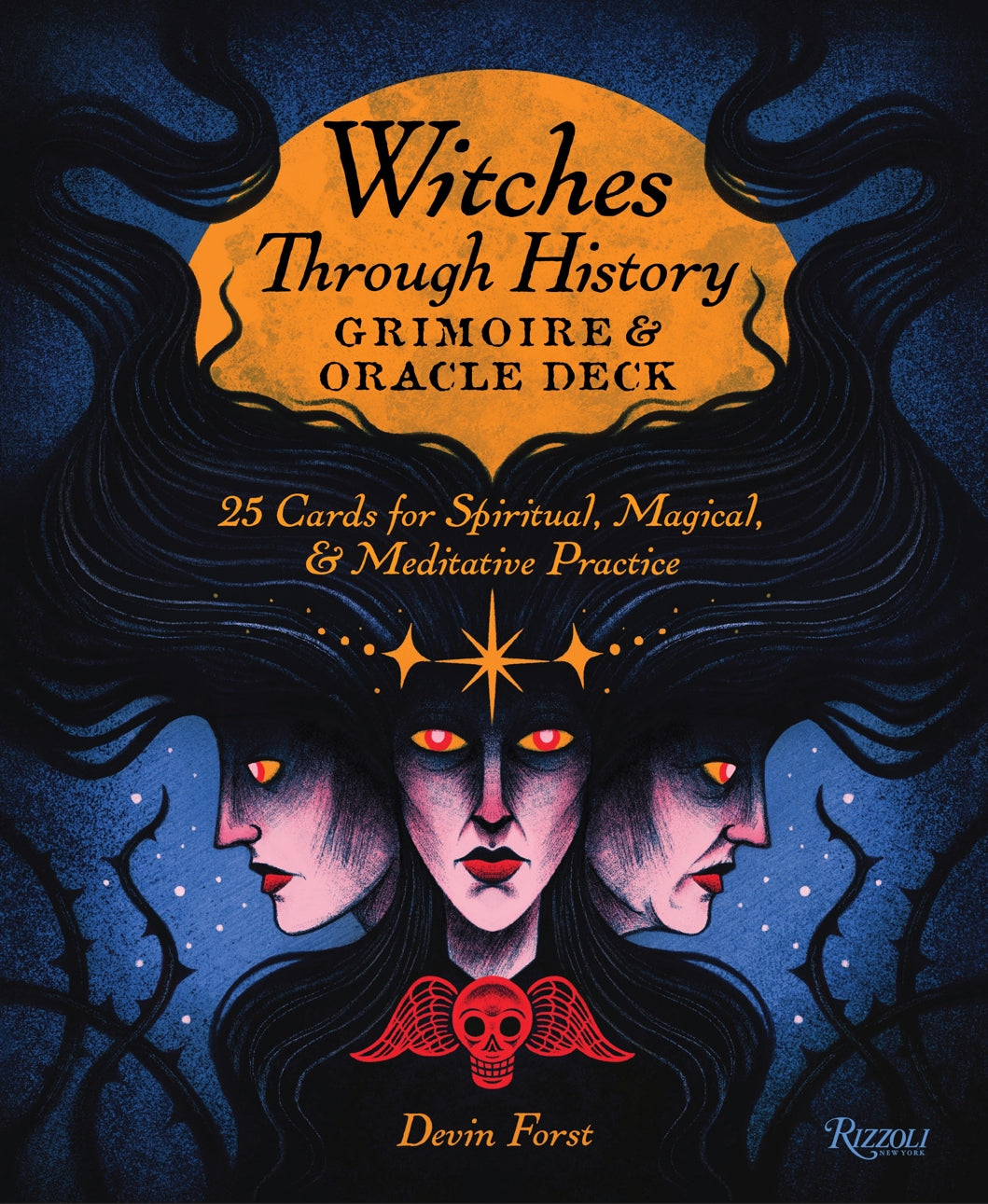 Cover of 'Witches Through History' Grimoire & Oracle Deck with three faces and a skull symbol.