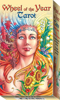 Box of 'Wheel of the Year Tarot' with colorful design featuring a woman's face and nature elements.