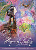 Cover of 'Whispers of Healing' Oracle Cards with a woman, butterfly, and peacock illustration.