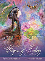 Cover of 'Whispers of Healing' Oracle Cards with a woman, butterfly, and peacock illustration.