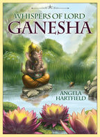 Book cover of 'Whispers of Lord Ganesha' with a statue of Ganesha on a rock by water, surrounded by lotus flowers.